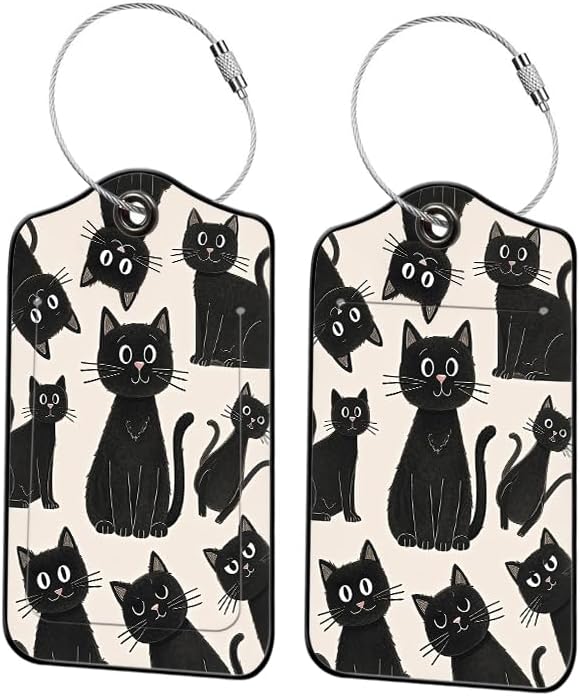 2 Pack Black Cat Leather Luggage Tags for Suitcases, Travel Bag Tags with Privacy Cover ID Label with Stainless Steel Loop for Women Men Girls Backpack Gift (Black)