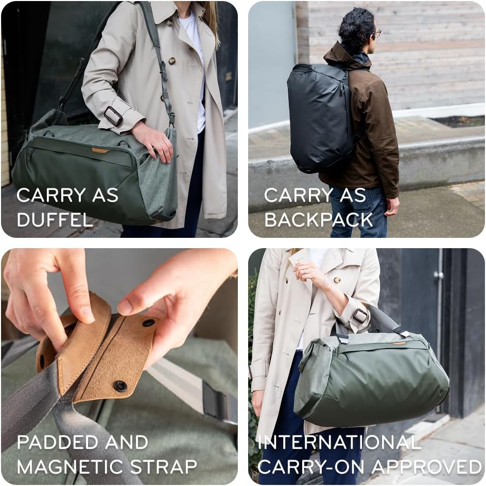 Peak Design Travel Duffel, Extra-Wide Single Zip Access, Weatherproof Shell, 4 External Pockets, Fits Packing Cubes & Camera Cubes, Ideal for Weekend Trips, Versatile Duffel Bag for Travel