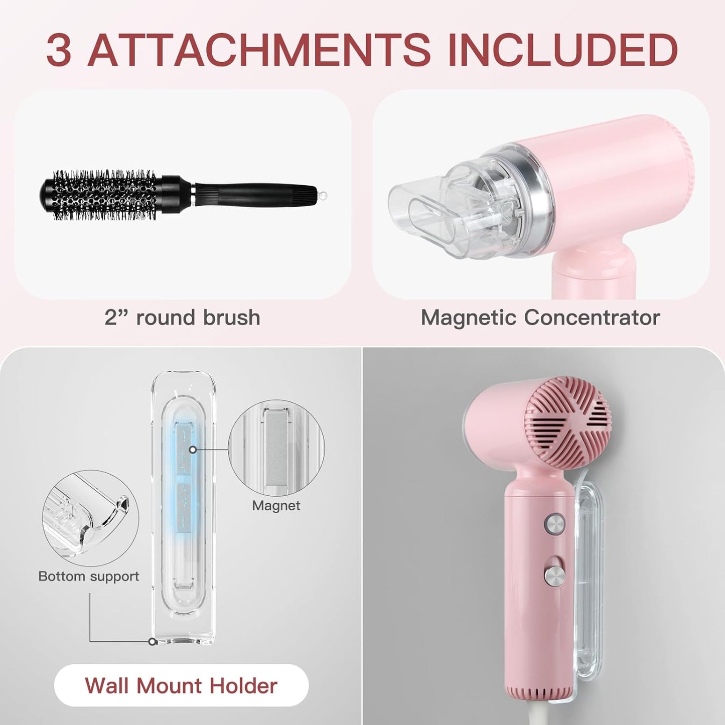 Hair Dryer, [Super Mini] Ionic High-Speed Blow Dryer 110V Travel 200 Million Negative Ions, 110,000RPM Brushless Motor for Home Salon Fast Drying Portable Lightweight, Pink