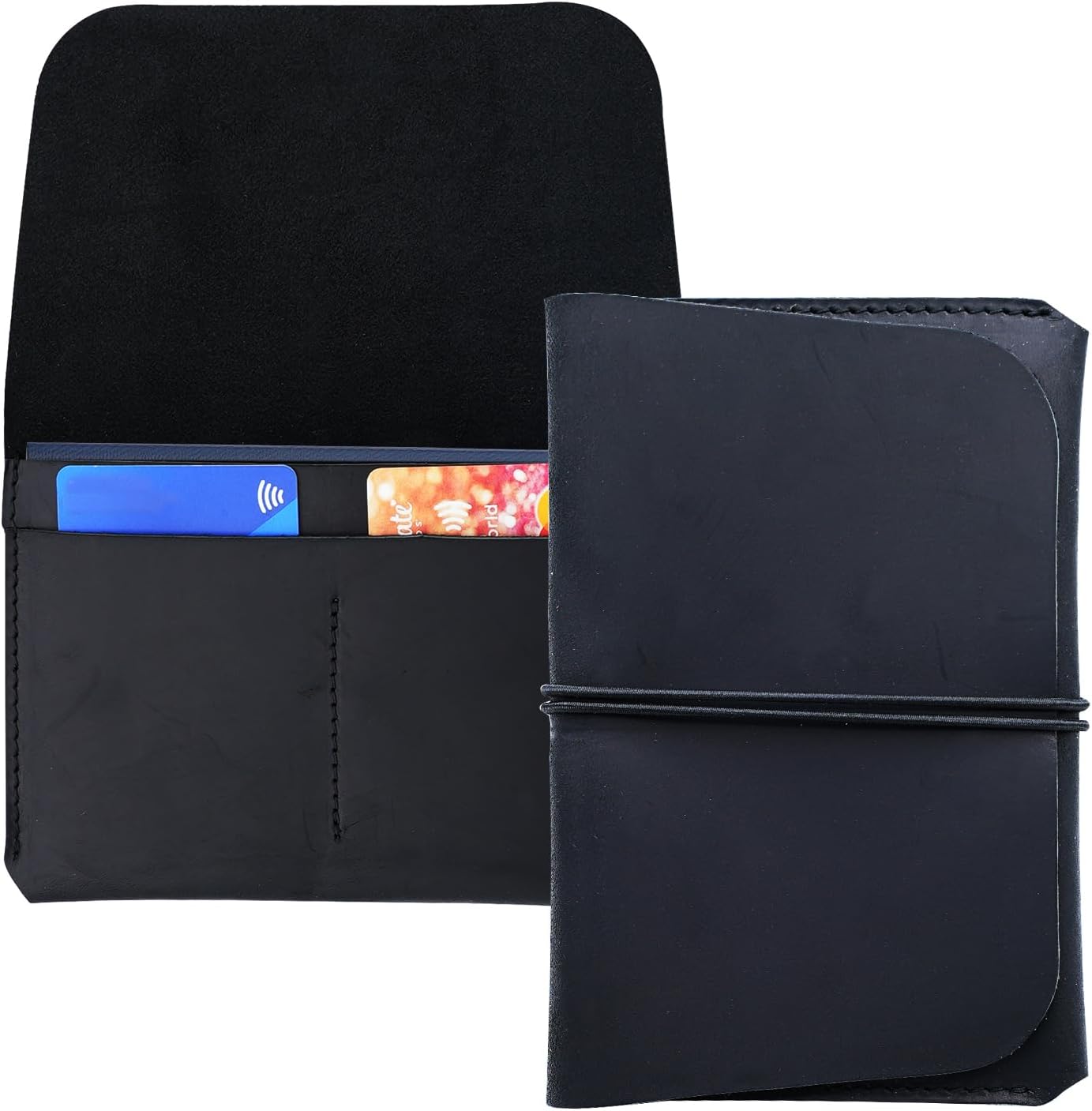 Leather Passport Holder with Travel Wallet, Genuine Leather Passport Cover- Passport Wallet, Leather Folding Wallet for Passports (Strap, Black)