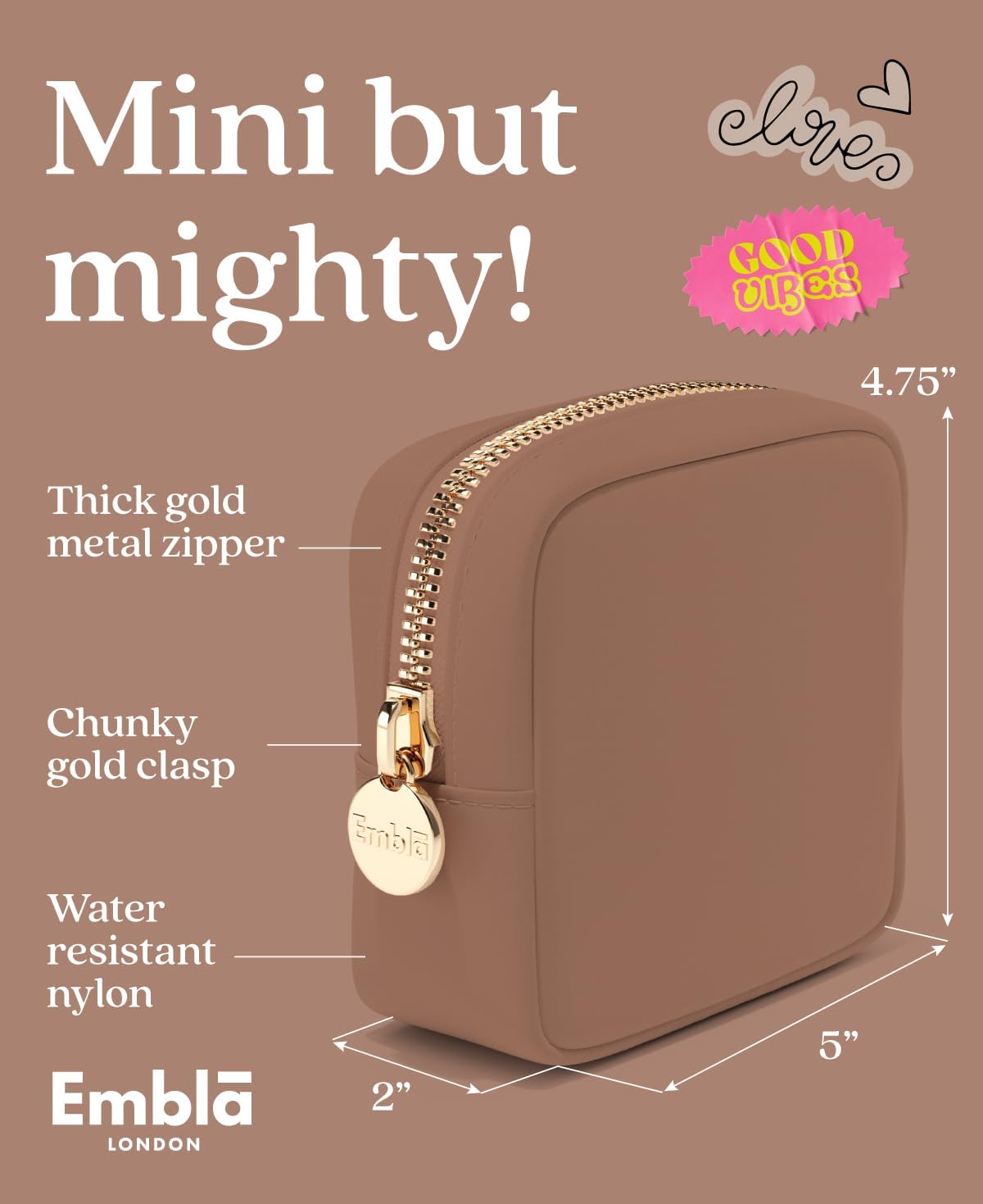 Embla Makeup Bag Travel Cosmetics Pouch and Toiletry Bag, Nylon Zipper Pouch Purse, Cute Make Up Organizer Storage Tote for Women Girls, Travel Skincare Case, Small Makeup Bags, Mocha Mousse