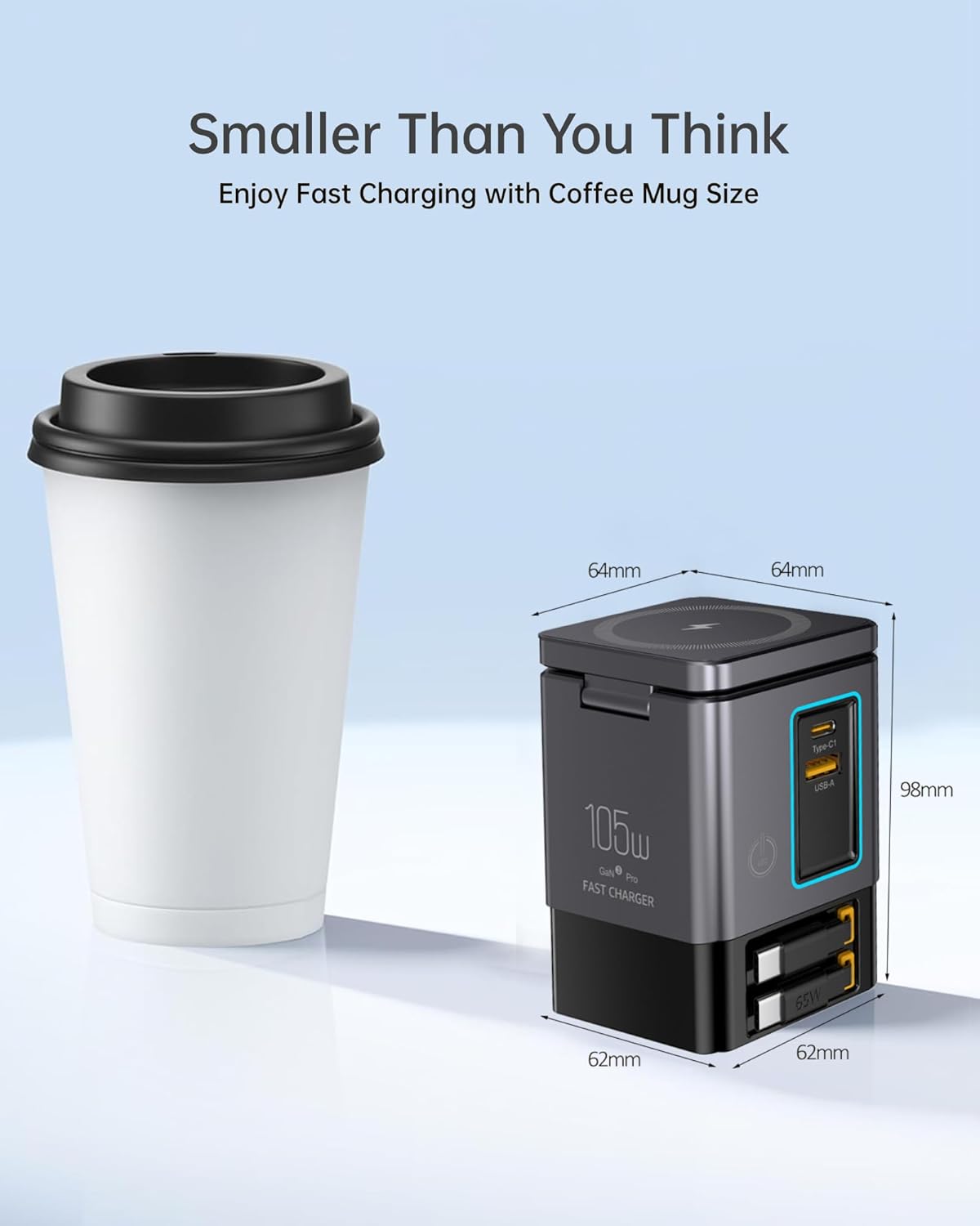 105W GaN Retractable Charger, 6-in-1 Charging Station with Magnetic Pad – MagSafe Compatible, USB-C Fast Charging for iPhone, AirPods, MacBook, Apple Watch, and Other Phones, Tablets, Laptops