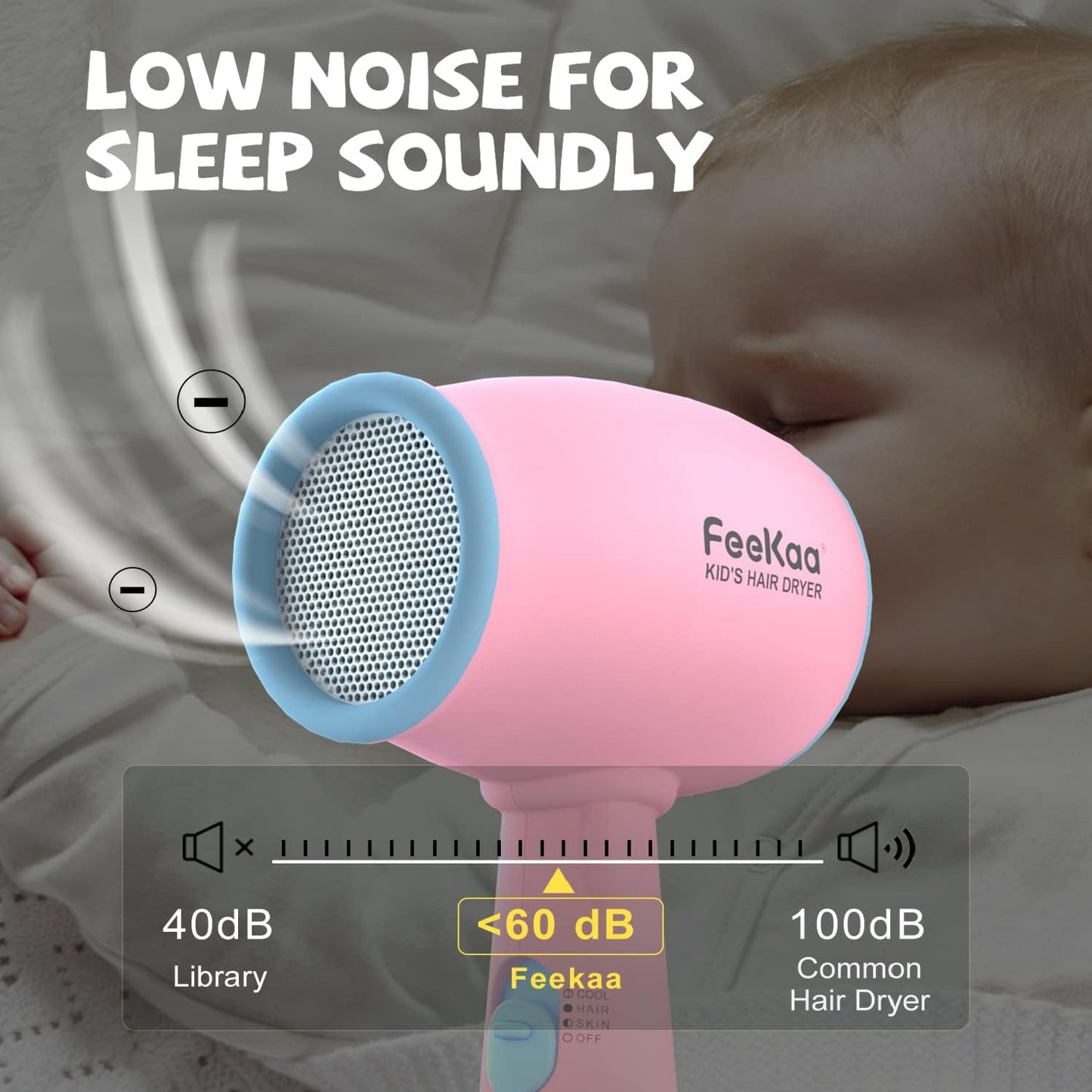 FeeKaa Kids Hair Dryer, Pink, 500 Watt, Lightweight, Gentle Heat, Safe for Kids, Anti-Scald Design