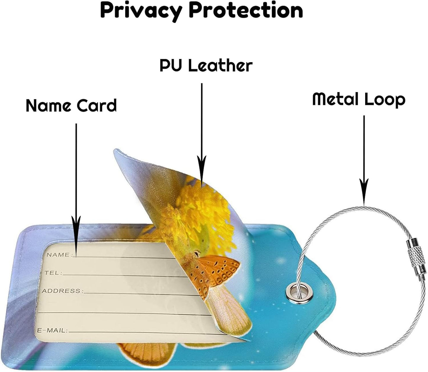 2 Pack Beautiful Sky Blue Luggage Tags for Suitcases, Pretty Yellow Butterfly on White Flower Pattern Unique Leather Suitcase Tags Identifiers with Privacy Name Address Labels for Women Girls Travel