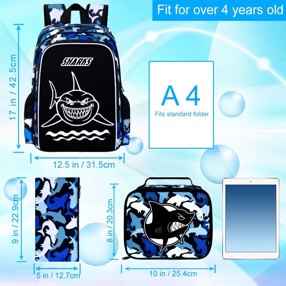 17 Inches Glow in The Dark Shark Backpack for Boys, 3Pcs School Bookbag Set for Teens, Laptop Backpacks with Lunch Bag(Blue)