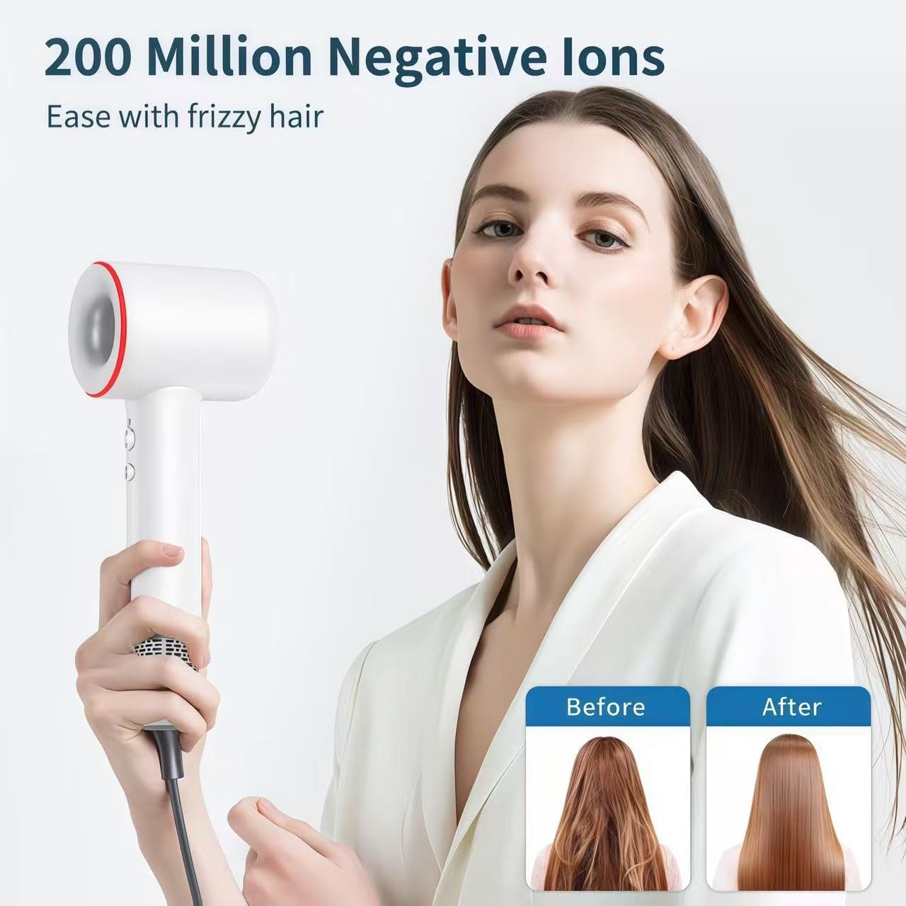 High Speed Hair Dryer,200 Millions Negative Ionic Blow Dryer,Powerful 1500W Fast Drying Low Noise Blow Dryer,Temperature-Control Hairdryer with Diffuser & Nozzle (White)