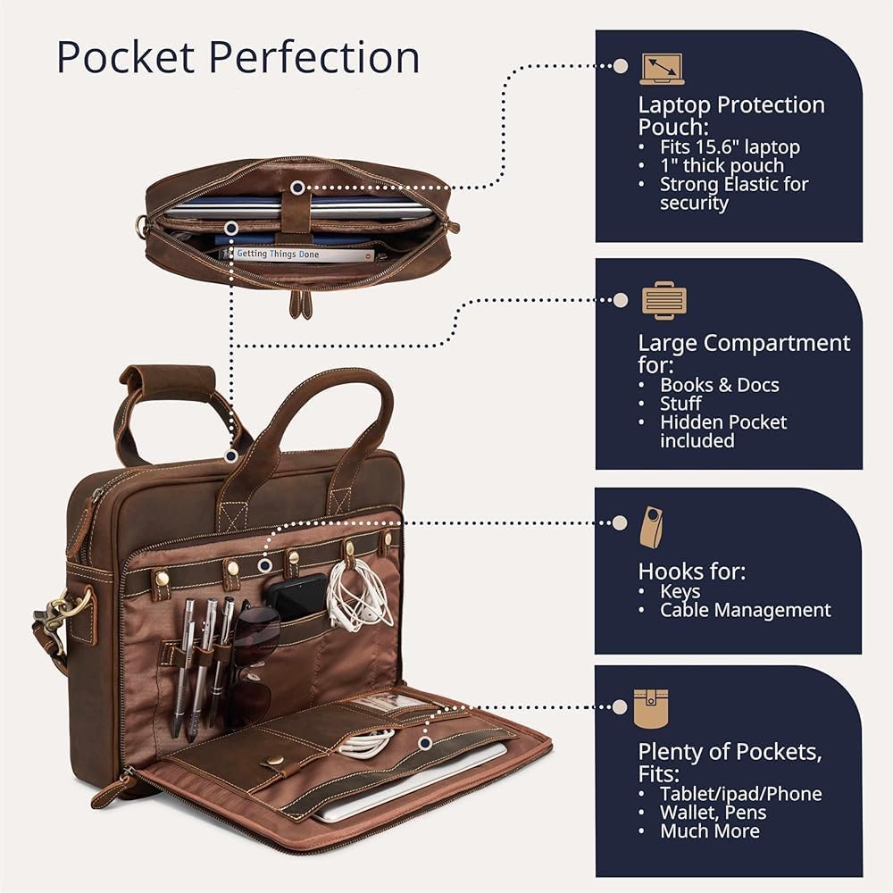 16 Inch Full Grain Leather Laptop Messenger Briefcase Bag for Men - Leather Satchel for Business Travel and Office Crossbody Shoulder Bag - Brown