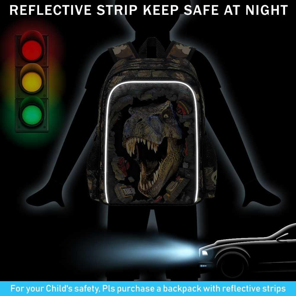 16" Dinosaur Backpack for Boy, 3Pcs Kids School Bookbag for Elementary Preschool Kindergarten, School Backpacks with Lunch Box(Black)