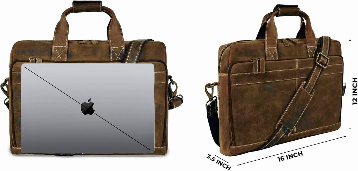 16 Inch Full Grain Leather Laptop Messenger Briefcase Bag for Men - Leather Satchel for Business Travel and Office Crossbody Shoulder Bag - Brown