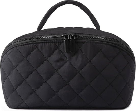 Petition Travel Makeup Bag for Woman,Festivalment Lay Flat Makeup Bag, Wide Open Water-Resistant Cosmetic Case,Puffy Padded Organizer for Toiletries & Brushes Large Capacity with Compartments (black)