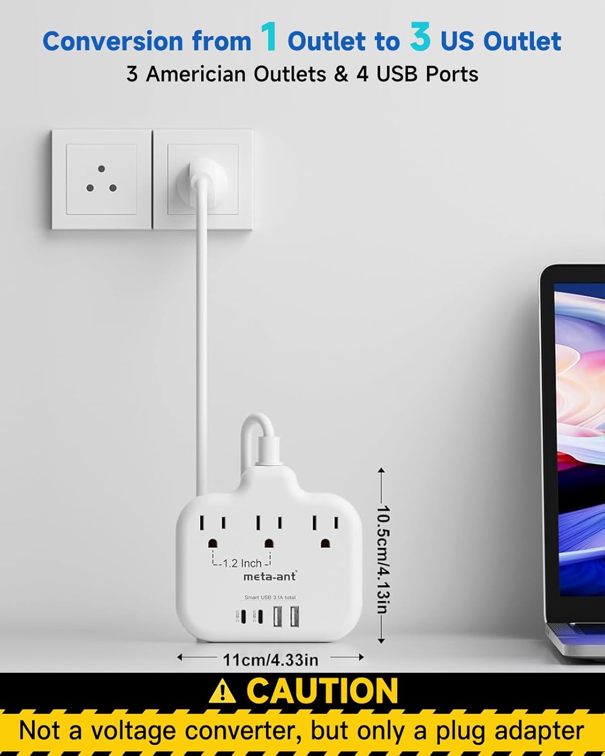Thailand Power Adapter with 4FT Extension Cord, meta-ant Thailand Plug Adapter with 3 American Outlets 4 USB Ports(2 USB-C), Type O Adapter for US to Thailand