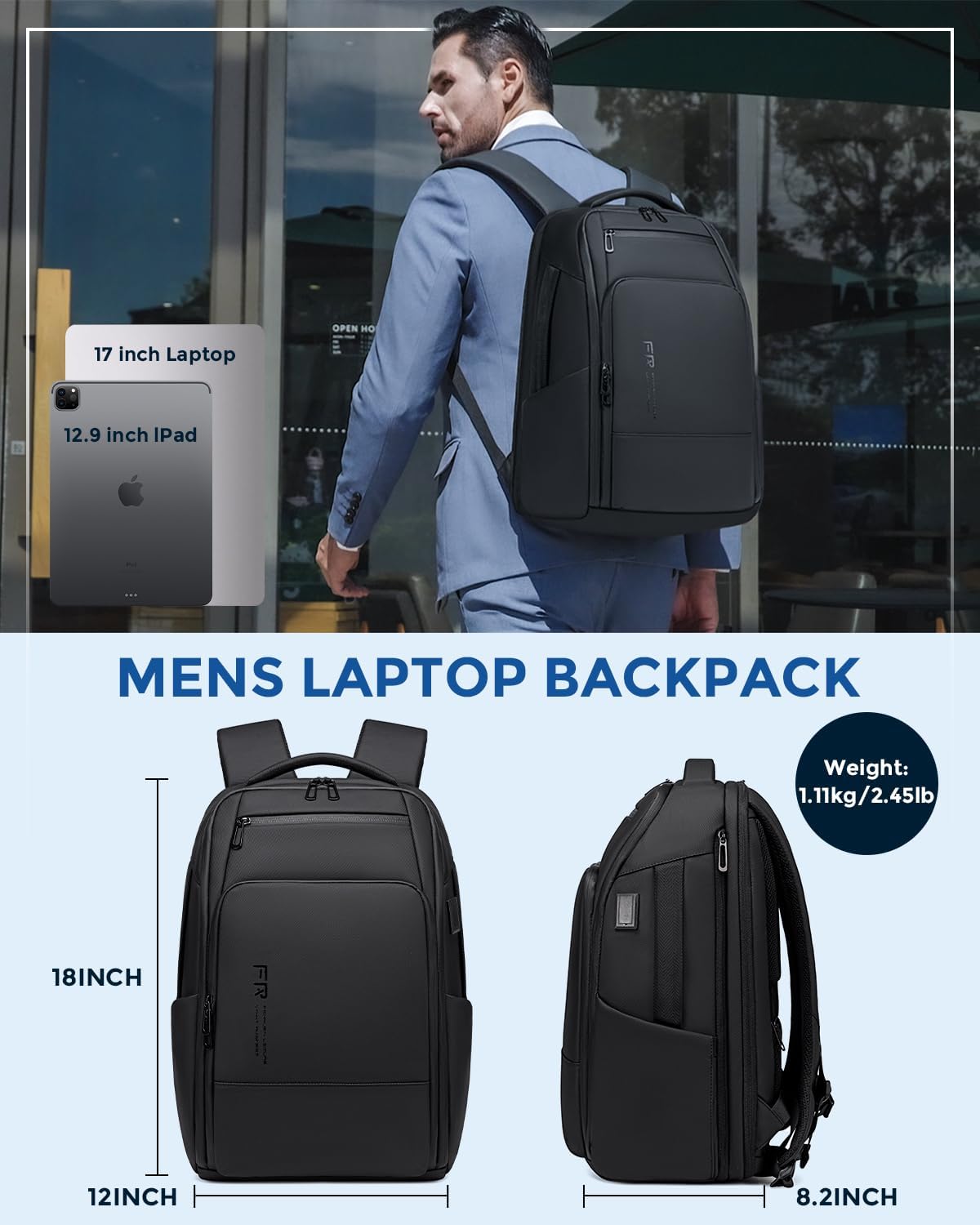 17 Inch Travel Laptop Backpack, Water Resistant Expandable Men's Computer Backpack for Men, Black Laptop Bag with USB Port for Business/Work/College