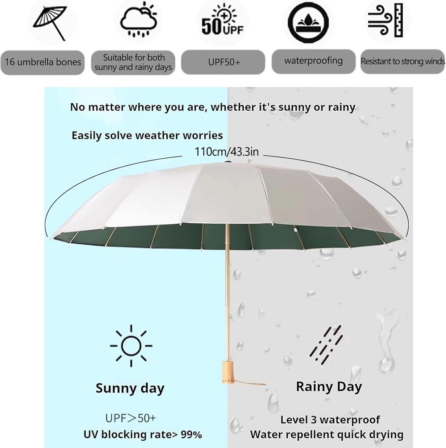 Folding umbrellas for rain and sun UPF 50+ UV Protection Windproof waterproofing and Strong Travel Essentials for Men Women 16 Ribs Wooden Handle