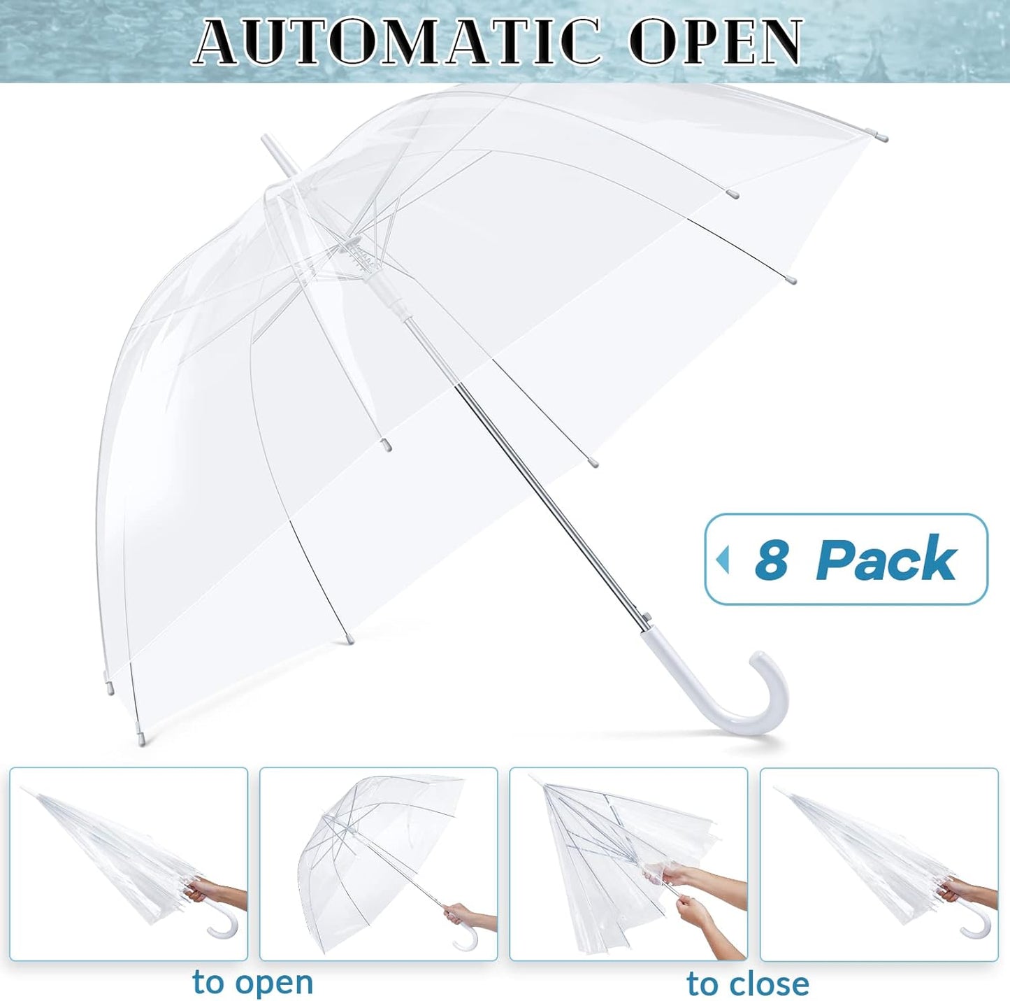 Fabbay 6 Pcs Umbrella Wedding Style Stick Umbrellas Large Windproof Bubble Rain Umbrellas with J Hook Handle for Bride Groom Gift(White Handle)
