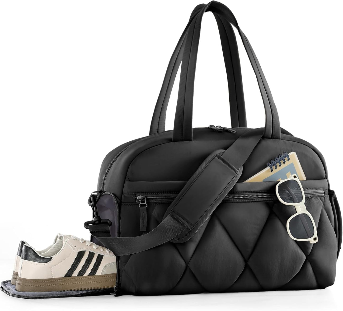 Gym Bag for Women, Puffer Travel Duffle Bag With Shoes Compartment & Wet Pocket, Carry On Tote Bag For Weekender, Overnight, Sport (Black)