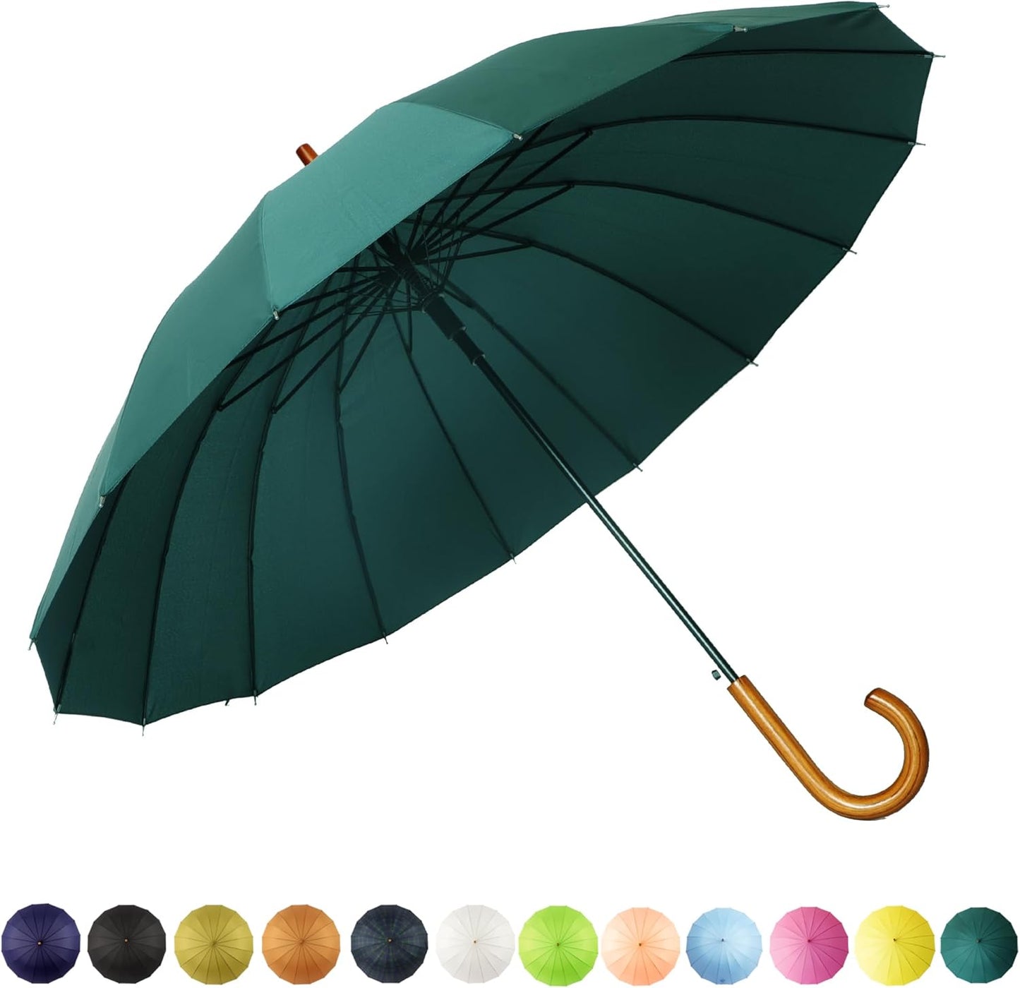 SoulRain 16 Ribs 48" Stick Umbrella Auto Open Solid Color Fashionable and Simple，Arc Classic Wood Handle，Windproof Unbreakable Stick Rain Umbrella