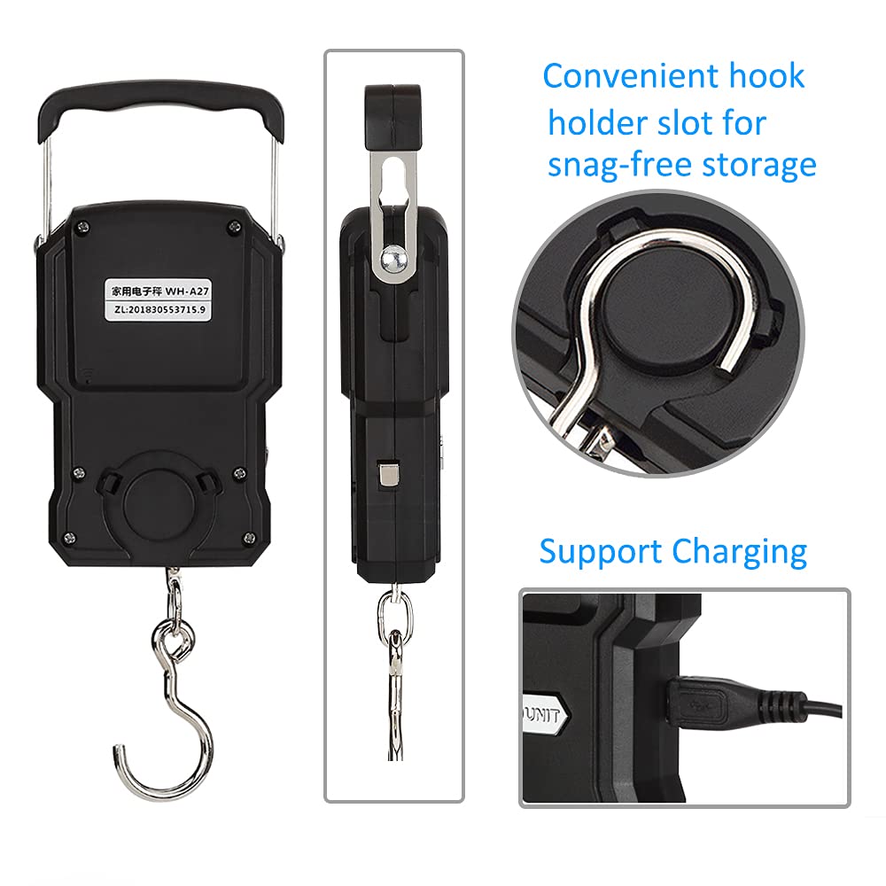 Rechargeable Lugagge Scale Portable Electronic Hook Scale Digital Hanging Bag Luggage Weight Scale Fishing Scale with Measuring Tape 165Lb Black