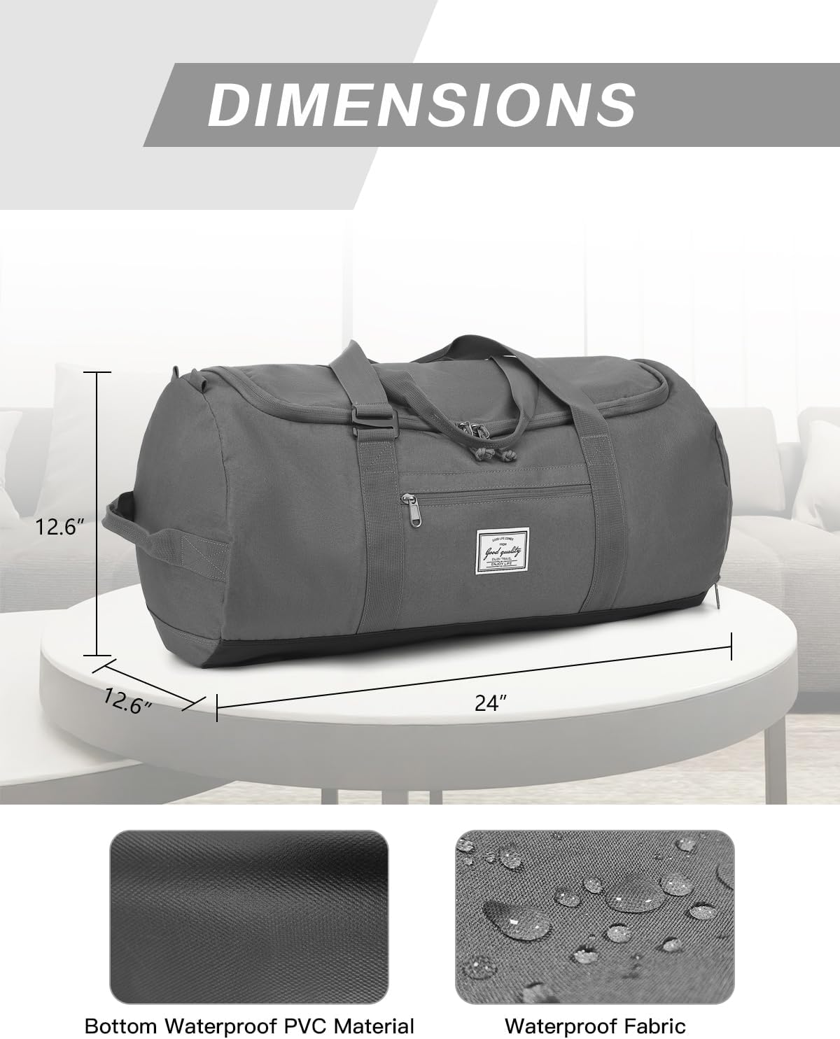 60L Large Gym Duffle Bag with Separate Shoe Compartment, Waterproof & Durable Duffel Bag for Men and Women - Convertible Backpack Design, Grey