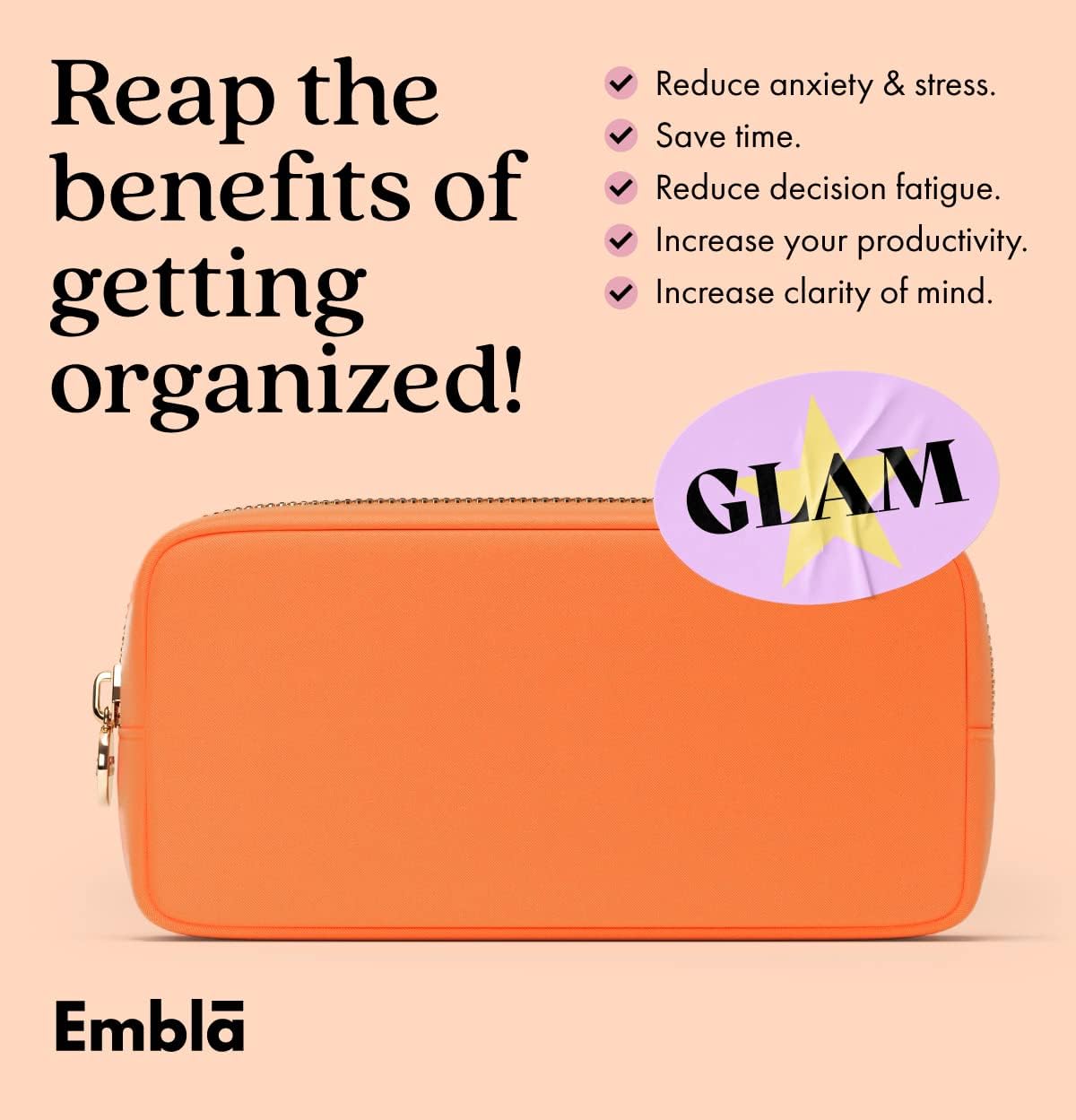 Embla Makeup Bag Travel Cosmetics Pouch and Toiletry Bag, Nylon Zipper Pouch Purse, Cute Make Up Organizer Storage Tote for Women Girls, Waterproof Travel Skincare Case, Small Makeup Bags, Peach