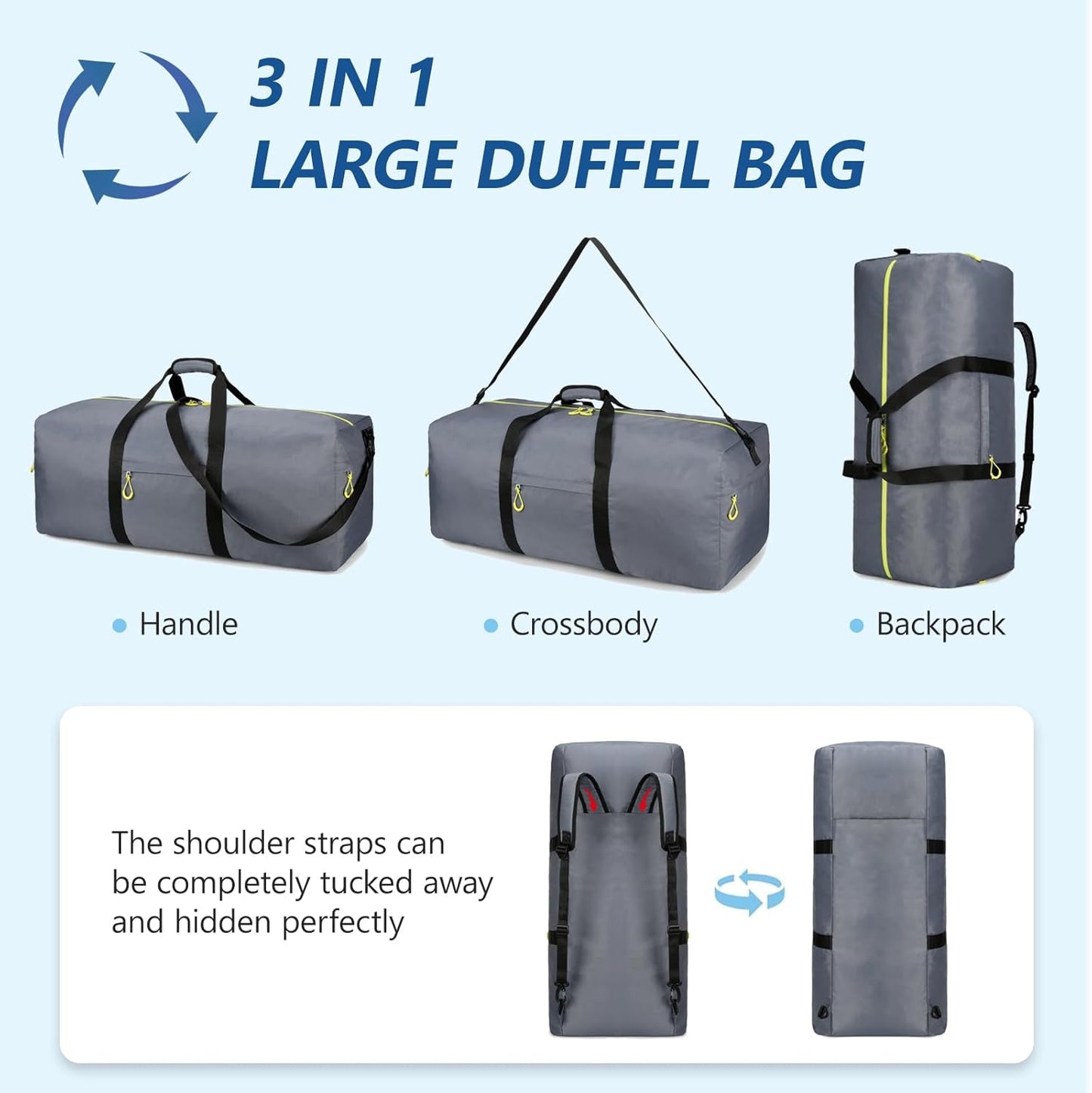 100L Extra Large Duffle Bag Lightweight, Travel Duffel Bag Foldable for Men Women, Water-Resistant & Durable, Grey