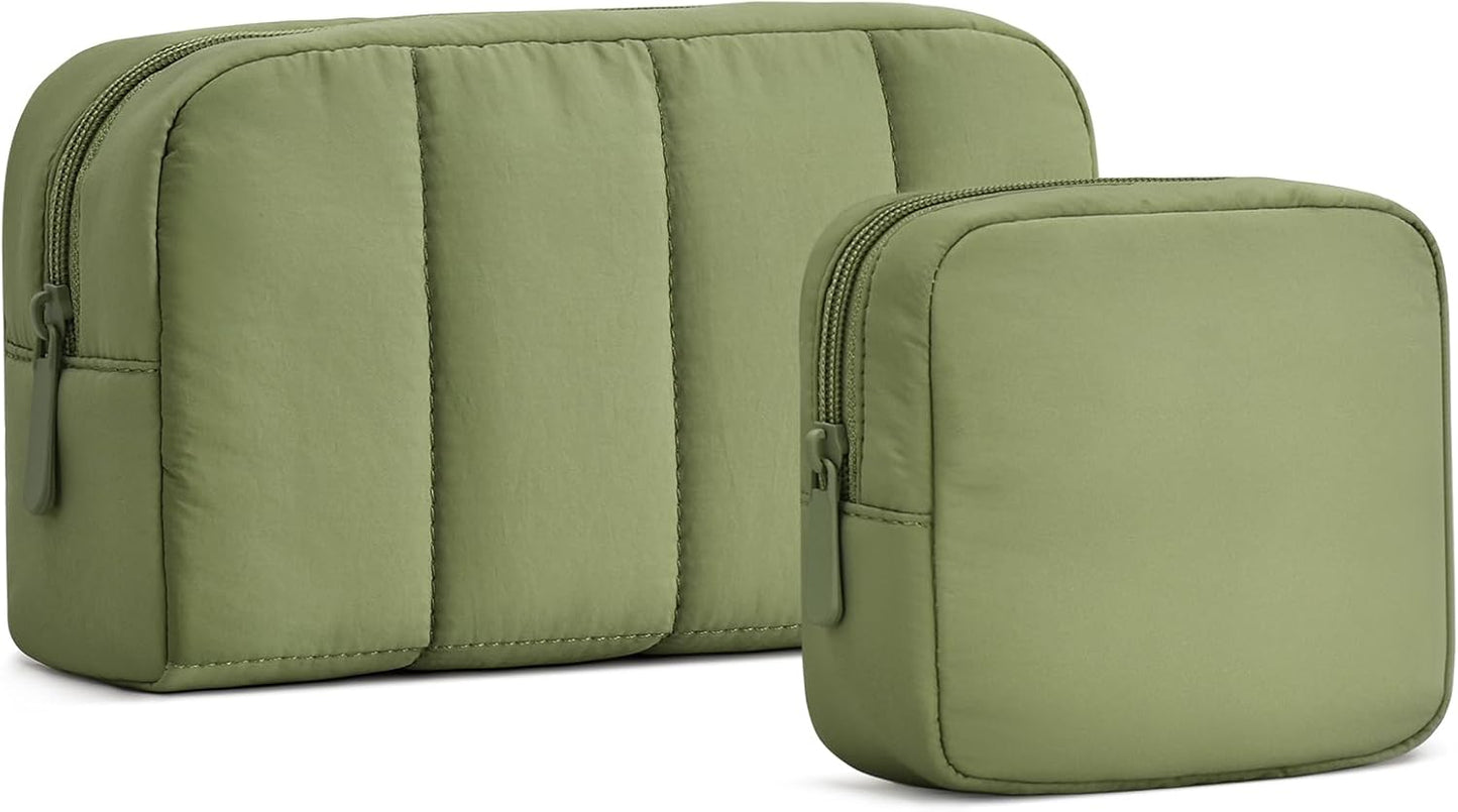 oscaurt 2 Pcs Makeup Bag Travel Toiletry Bag for Women Puffy Padded Cosmetic Pouch Purse Wide-open Makeup Organizer Case Travel Essentials