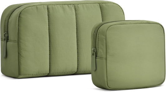 oscaurt 2 Pcs Makeup Bag Travel Toiletry Bag for Women Puffy Padded Cosmetic Pouch Purse Wide-open Makeup Organizer Case Travel Essentials