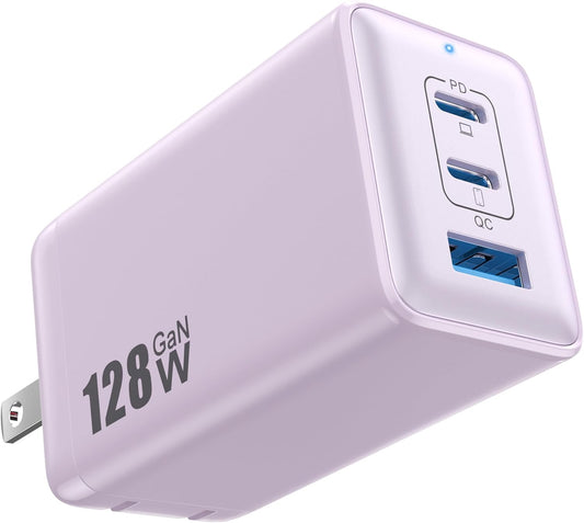 128W USB C Wall Charger,GaN III 3-Port Fast Charging Station,PD QC Foldable Charger Block Portable 65W Laptop Adapter for MacBook Pro/Air,iPad Pro,Galaxy S23,Dell XPS 13,iPhone 17/16/Pro etc