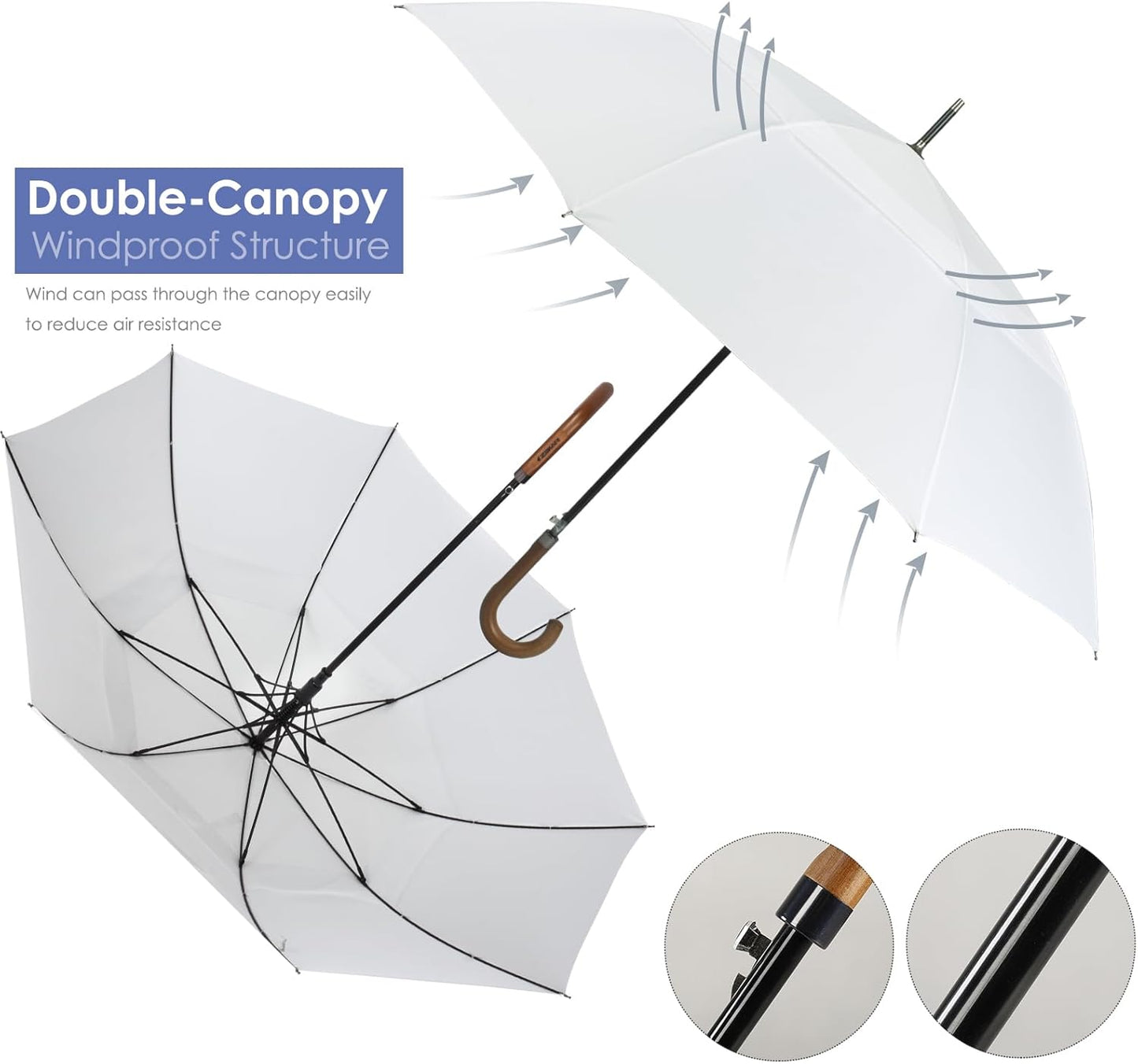 ZEKAR Wooden J Handle Umbrella, 54 inch, Large Windproof, Wedding Umbrella (white, 54”)