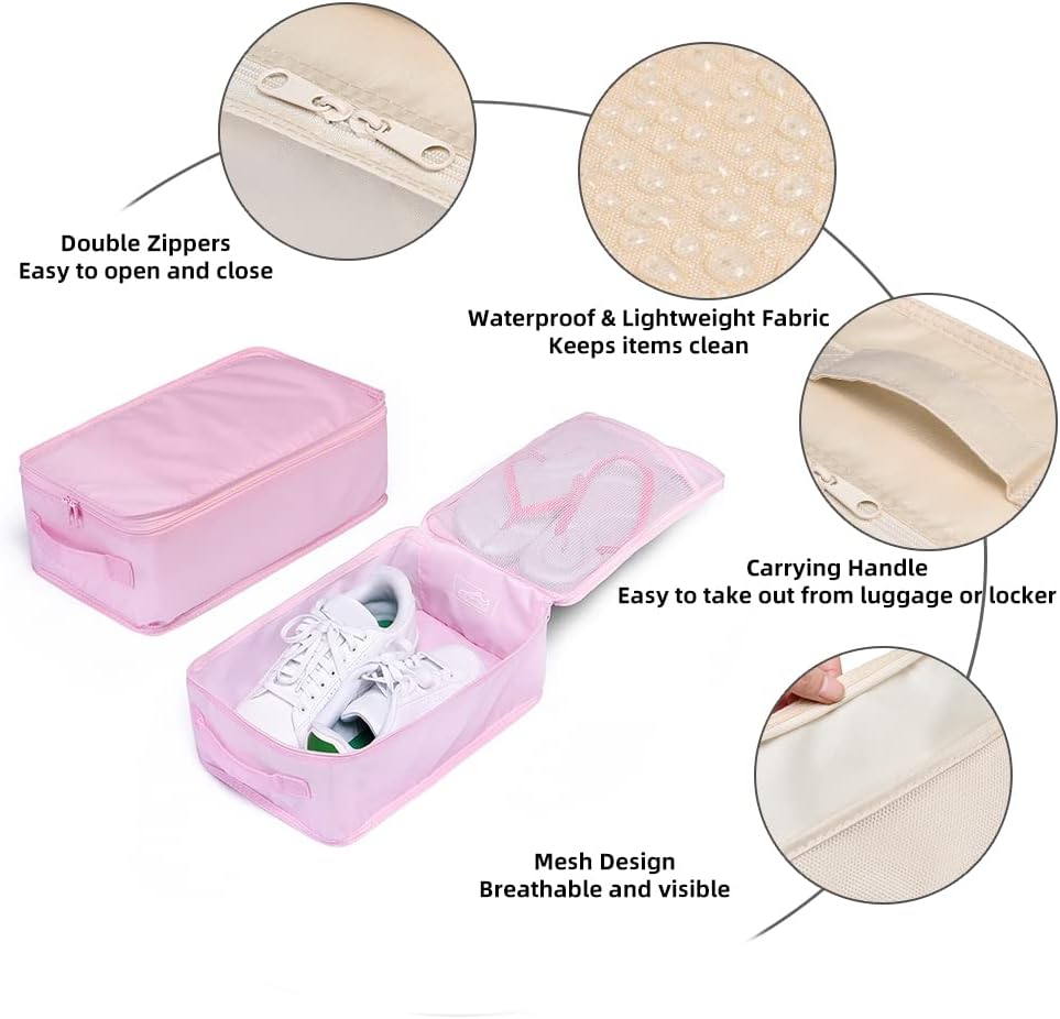 Travel Shoe Bags, Foldable Waterproof Shoe Pouches Organizer-Double Layer (8 Pink Shoe Bags)