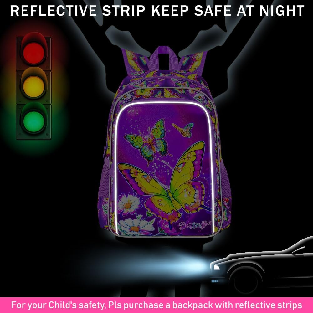 16" Butterfly Backpack for Girls, 3Pcs Kids School Backpacks with Lunch Box, Bookbag for Elementary Preschool Kindergarten(Purple)
