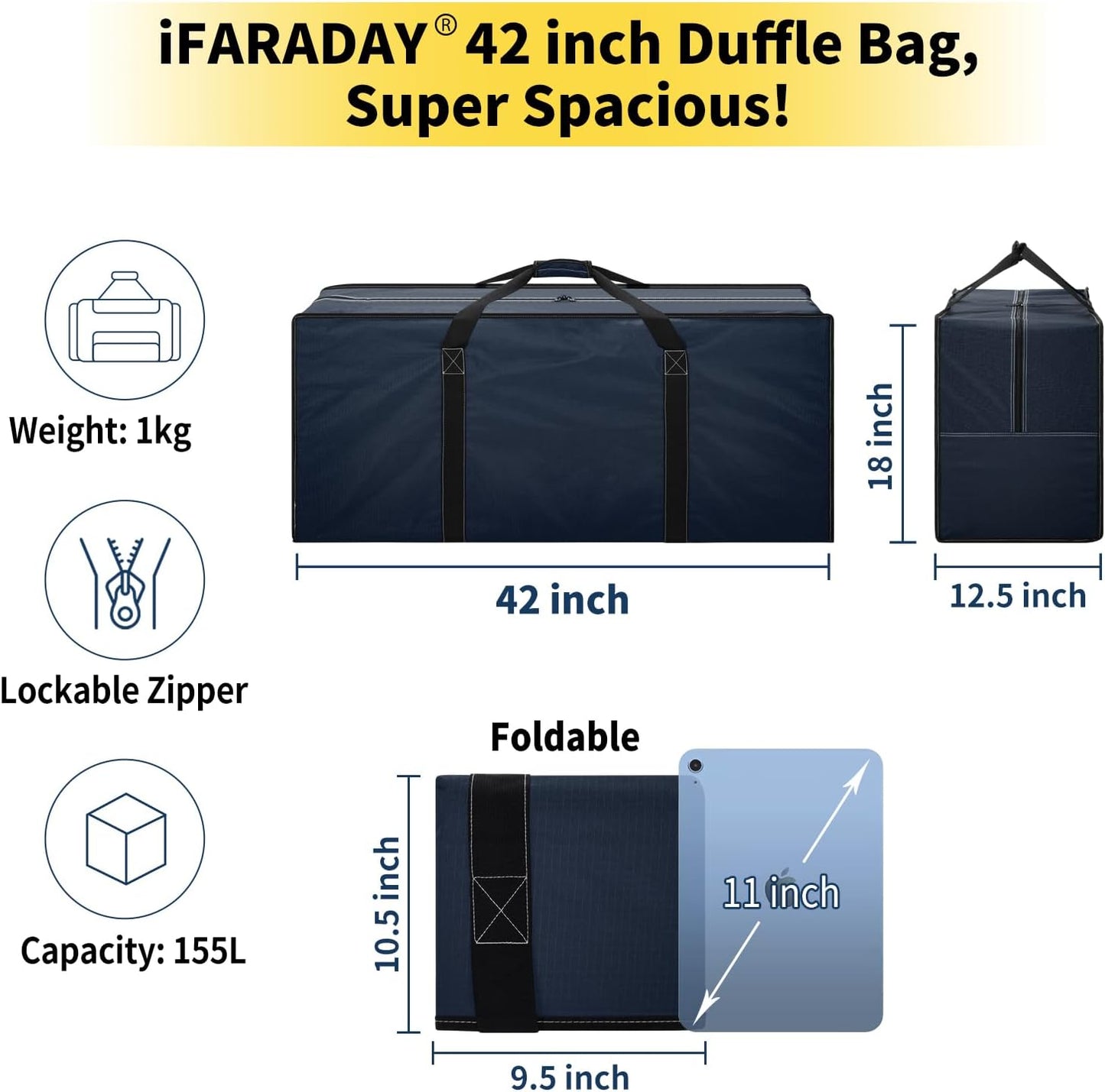 155L Extra Large Duffle Bag - 42 inch Heavy Duty & Water Resistant Duffel Bag Durable Luggage Storage Bag for Camping, Travel, Sports (Navy Blue)