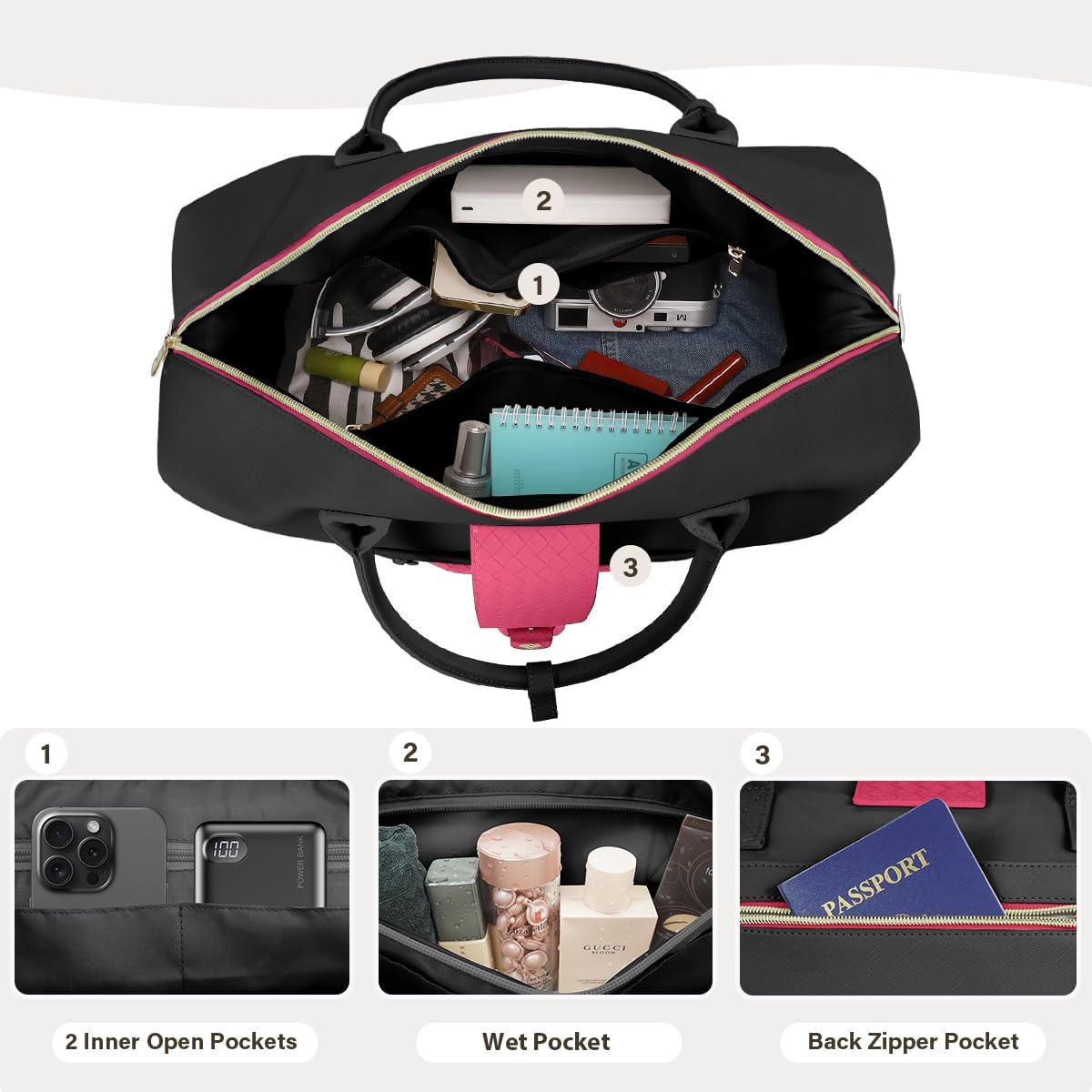 Leather Weekender Bags for Women, Travel Duffel Bag PU Overnight Bag Carry On Tote Bag with Shoe Compartment Wet Pocket