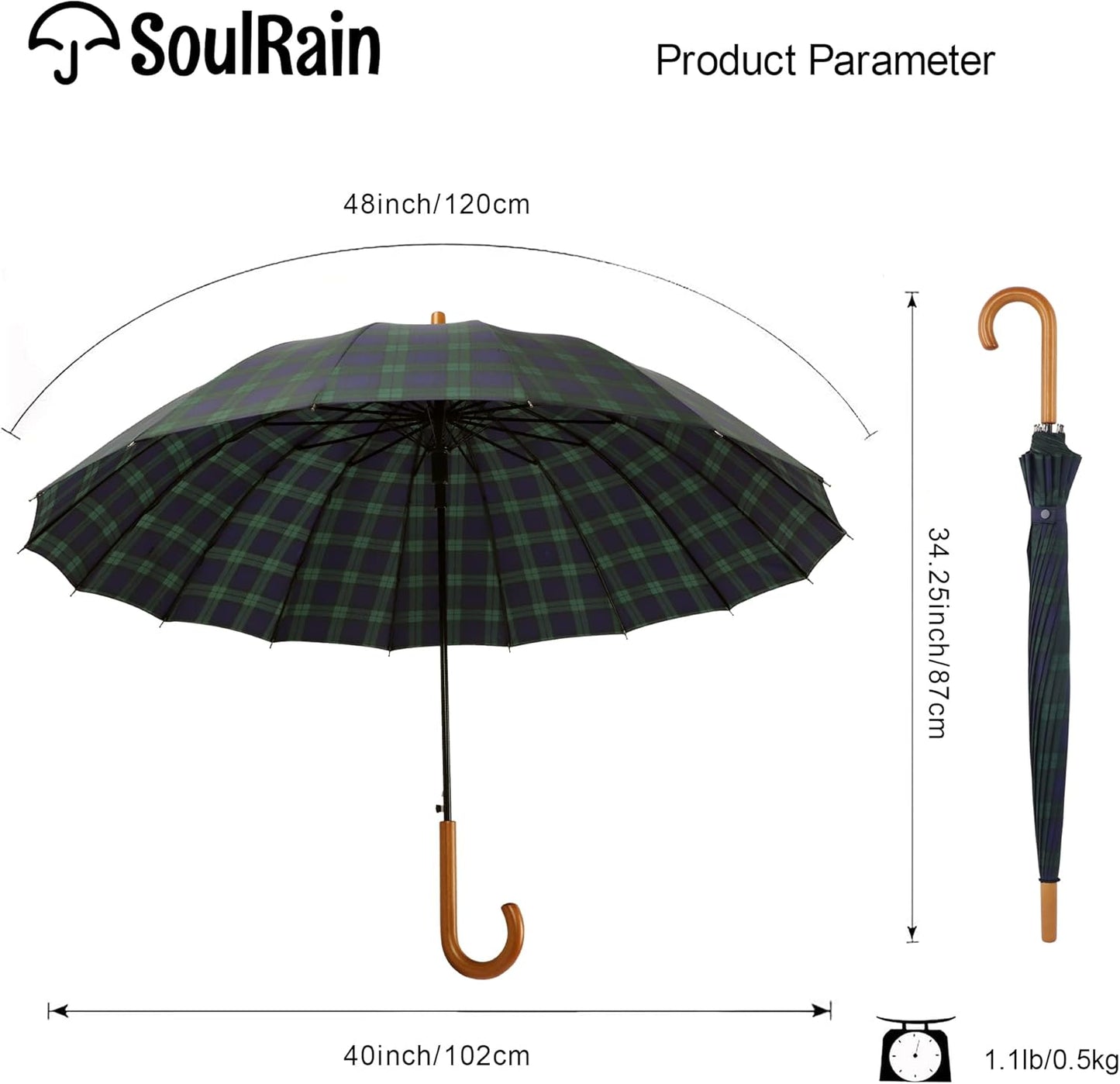 SoulRain 16 Ribs 48" Stick Umbrella Auto Open Solid Color Fashionable and Simple，Arc Classic Wood Handle，Windproof Unbreakable Stick Rain Umbrella