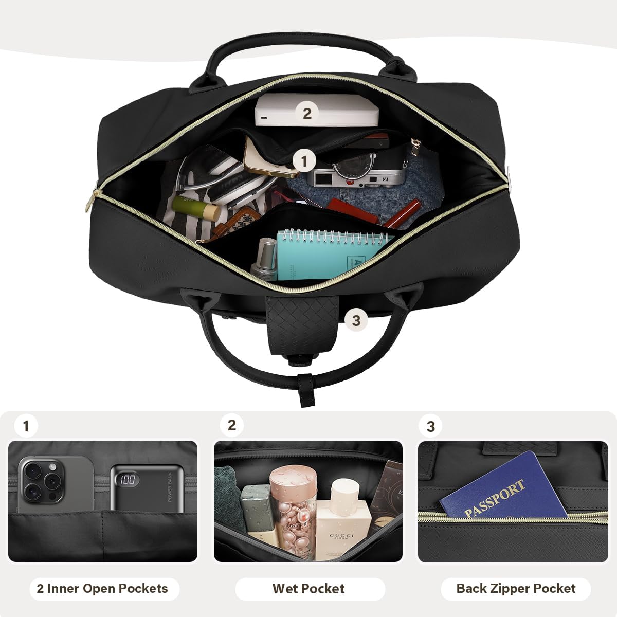 Leather Weekender Bags for Women, Travel Duffel Bag PU Overnight Bag Carry On Tote Bag with Shoe Compartment Wet Pocket