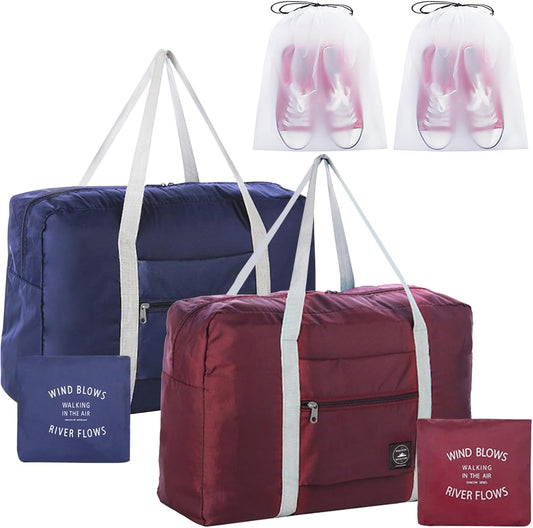 2PCS Travel Duffle Bags - Tote Carry on Bags (Nylon, Lightweight, Foldable, Water Resistant, Sports, Gym, Weekender, Overnight - Red, Blue, 2Pe)