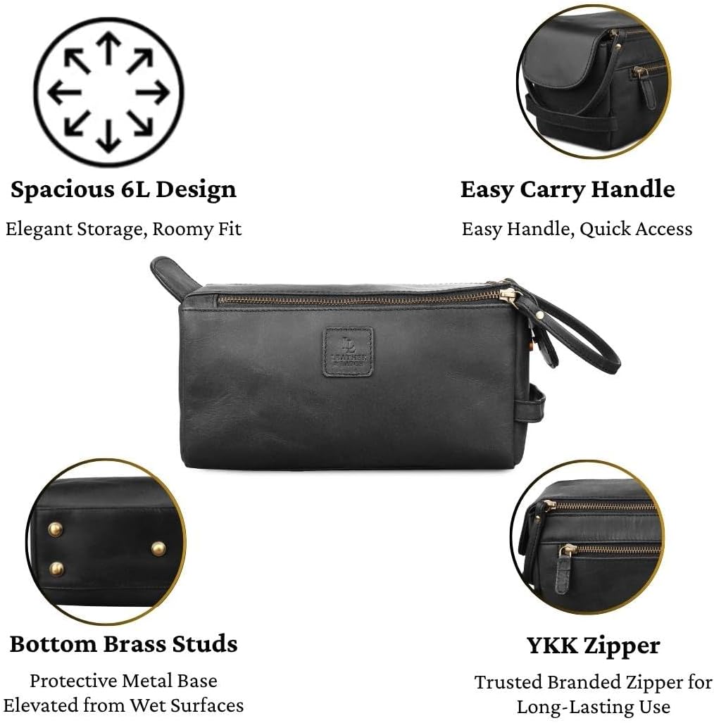 Leather Travel Toiletry Bag for Men & Women – Genuine Leather Dopp Kit, Shaving Organizer, Waterproof Lining, Spacious Toiletry Organizer Gift for Unisex - Midnight Black