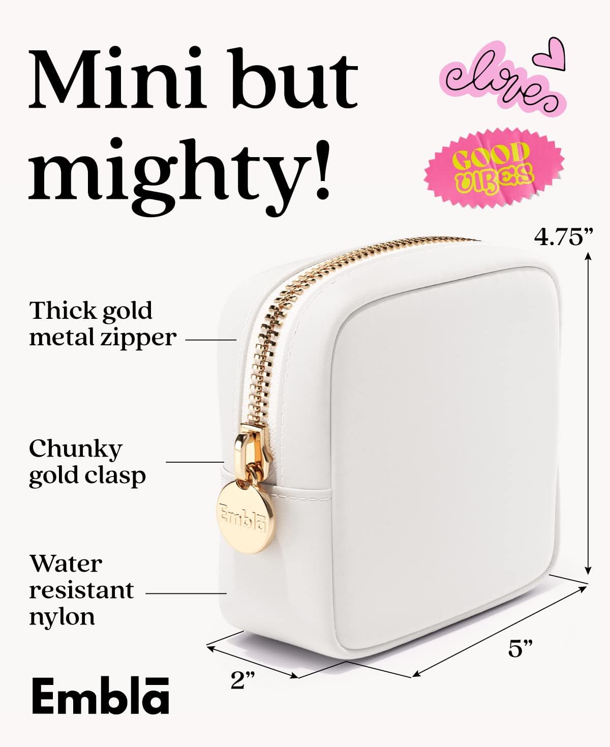 Makeup Bag Travel Cosmetics Pouch and Toiletry Bag, Nylon Zipper Pouch Purse, Cute Make Up Organizer Storage Tote for Women Girls, Waterproof Travel Skincare Case, Small Makeup Bags, White