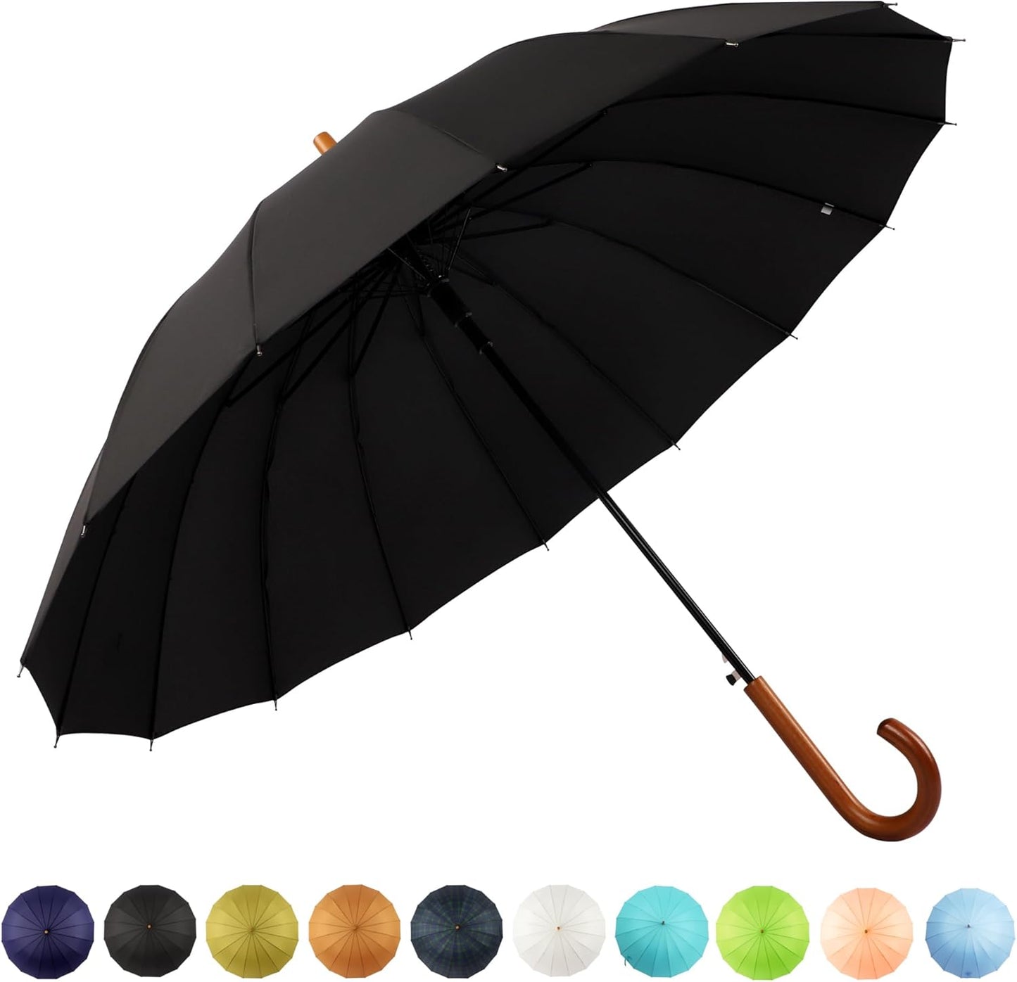 SoulRain 16 Ribs 48" Stick Umbrella Auto Open Solid Color Fashionable and Simple，Arc Classic Wood Handle，Windproof Unbreakable Stick Rain Umbrella