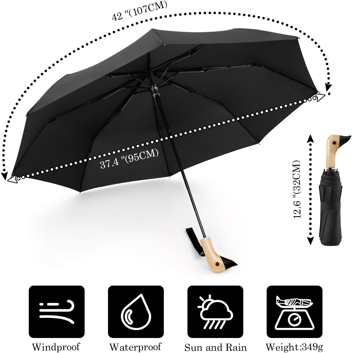 Cute Duck Handle Umbrella - Compact Travel Yellow Duck Head Umbrella for Adults and Girls