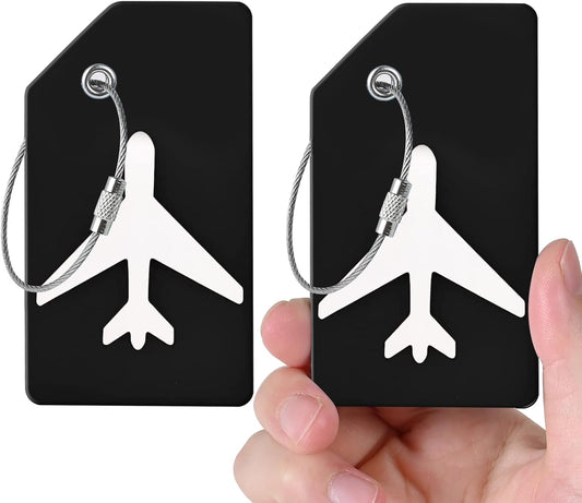 2 Luggage Tags, (1" Smaller Than Traditional) Perfect for Quick Luggage Identification with Stainless Steel Ring and Address Card for Travel and Luggage (Black)