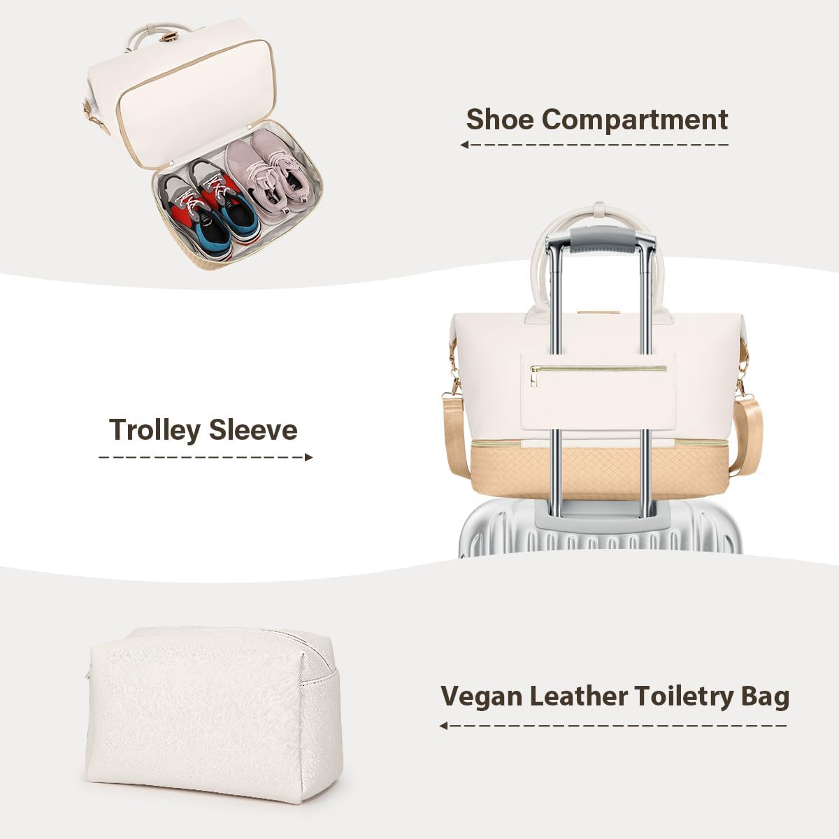 Leather Weekender Bags for Women, Travel Duffel Bag PU Overnight Bag Carry On Tote Bag with Shoe Compartment Wet Pocket