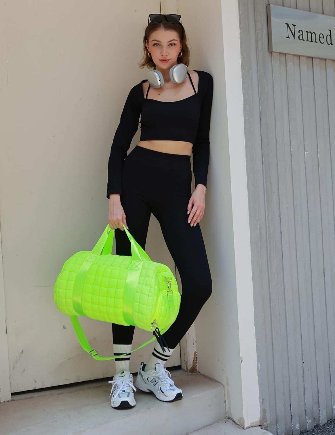 Quilted Duffel Gym Bag for Men and Women Carry On Travel Sport Weekender Bag, Light Green