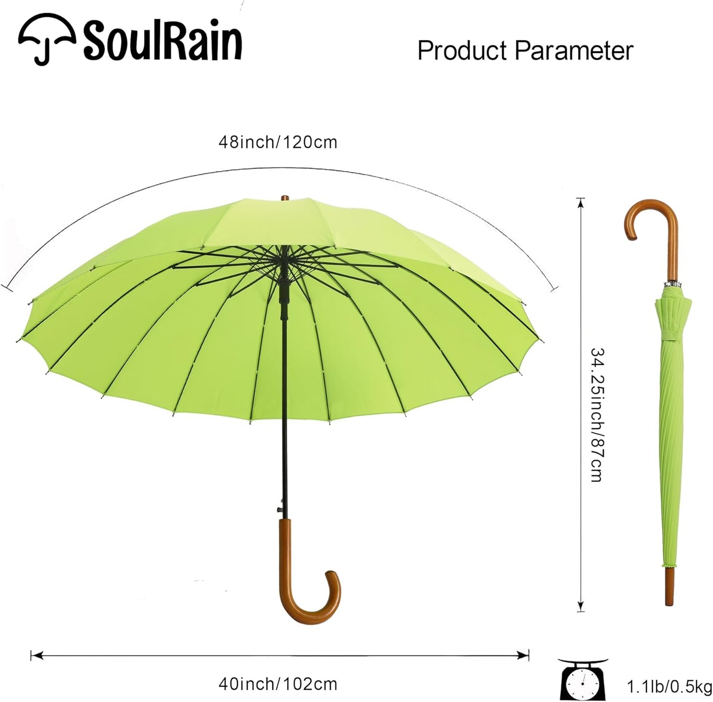 SoulRain 16 Ribs 48" Stick Umbrella Auto Open Solid Color Fashionable and Simple，Arc Classic Wood Handle，Windproof Unbreakable Stick Rain Umbrella