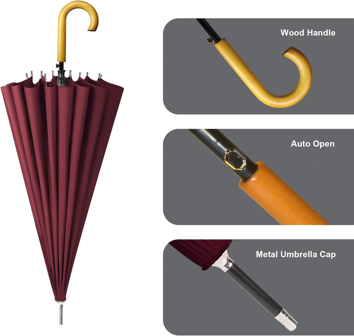 MRTLLOA 52 Inch Windproof Large Umbrellas for Rain, 16 Ribs, J Wooden Handle, 210T High-density Fabric Golf Stick Umbrella