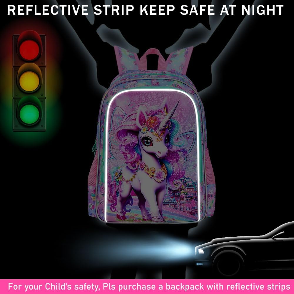 16" Unicorn Backpack, 3Pcs School Bookbag for Girls with Lunch Box, Kids Backpacks for Elementary Preschool Kindergarten(Pink)