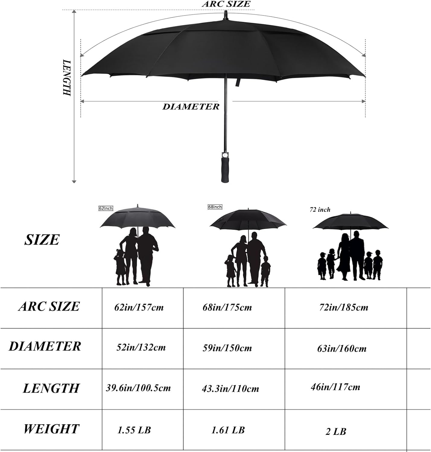 Golf Umbrella Large 58/62/68 Inch Automatic Open Golf Umbrella Extra Large Oversize Double Canopy Vented Umbrella Windproof Waterproof for Men and Women