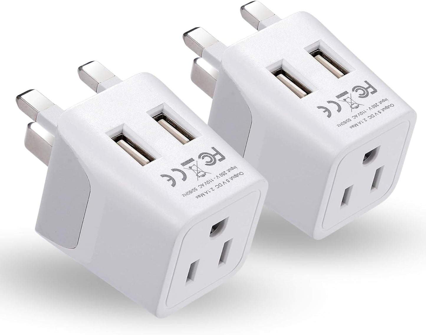 Ceptics UK, Hong Kong, CTU-7-2PK Ireland Travel Adapter Plug with Dual USB - Type G - London - USA Input - Light Weight - Perfect for Cell Phones, Chargers, Cameras and More - 2 Pack