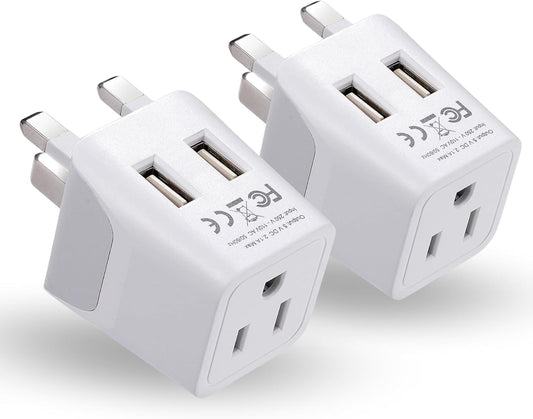 Ceptics UK, Hong Kong, CTU-7-2PK Ireland Travel Adapter Plug with Dual USB - Type G - London - USA Input - Light Weight - Perfect for Cell Phones, Chargers, Cameras and More - 2 Pack