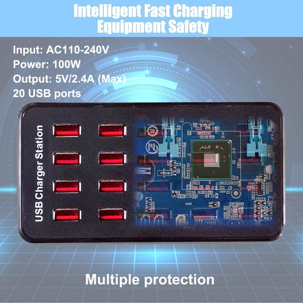 100W 20-Port Multi-Device USB Charging Station - Supports simultaneous Charging for Smartphones, Tablets, smartwatches and Other USB-Powered Devices.(20-Port Charging Station - Black)