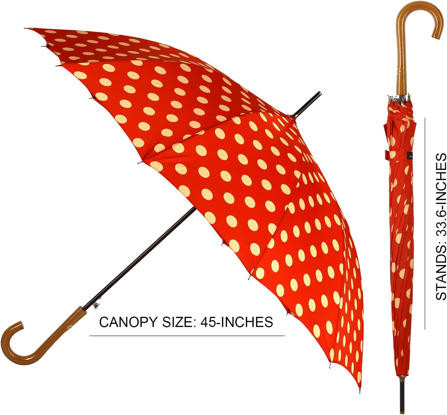 Agaric Classic Wooden Hook Handle J Stick Umbrella Auto Open Windproof Umbrella for Women (Red)